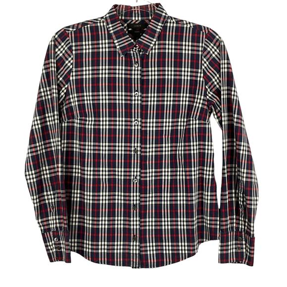 J CREW Womens Perfect Fit Shirt Navy Blue Red Tartan Plaid Button Up Top sz 4 - Picture 2 of 9